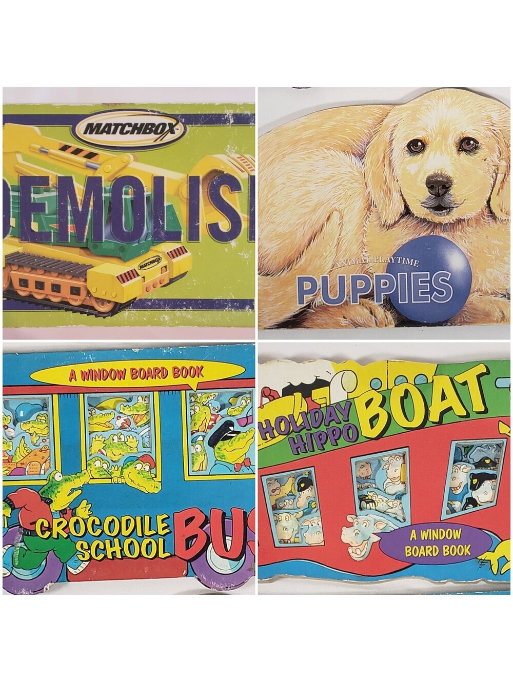 Lot of 4 Vintage Kids Board Books Matchbox Puppies Crocodile Bus Hippo Boat